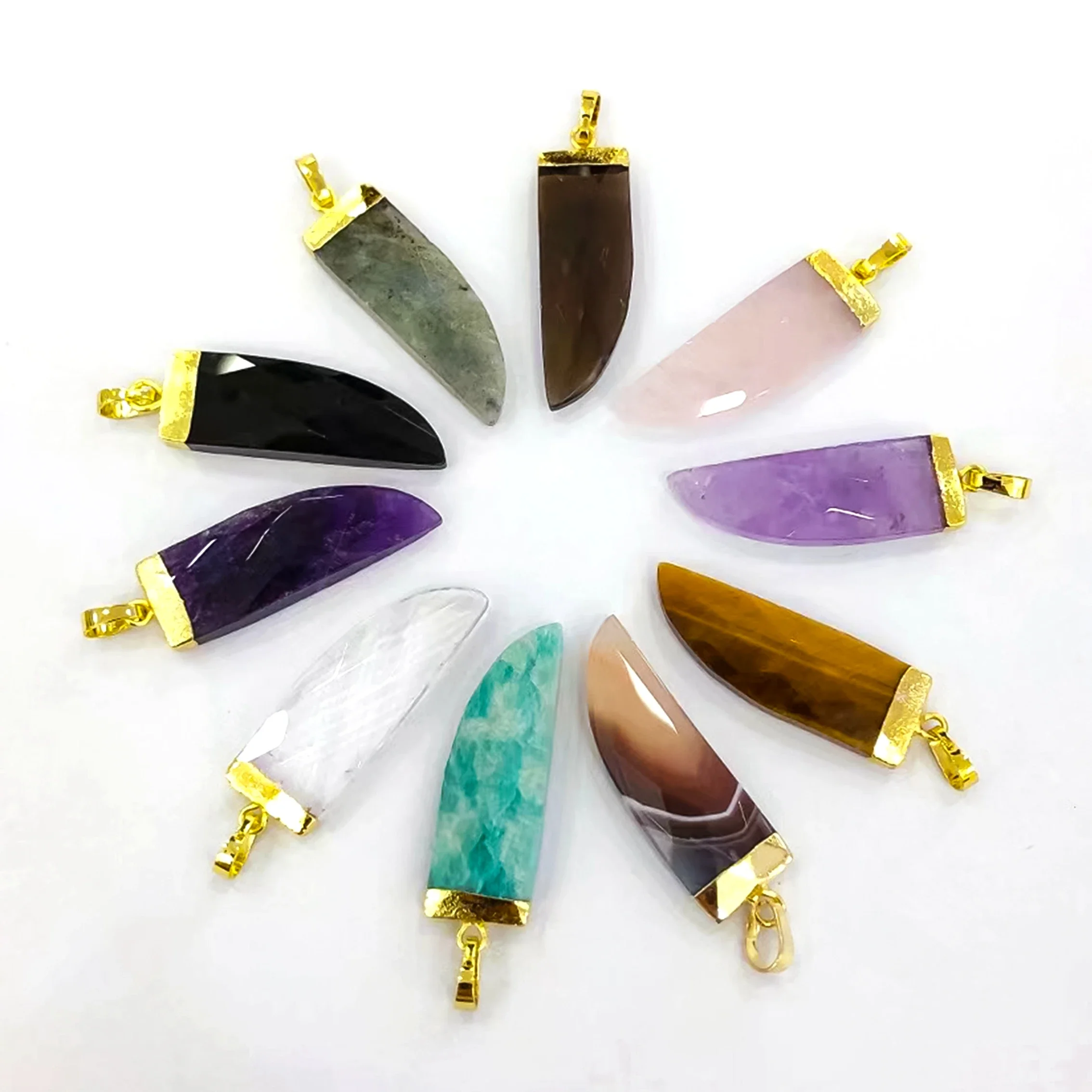 Silver Gold Plated Gemstone Horn Pendant, Natural Crystal Quartz Healing Stone Pepper Charm for Necklace, Obsidian Amethyst