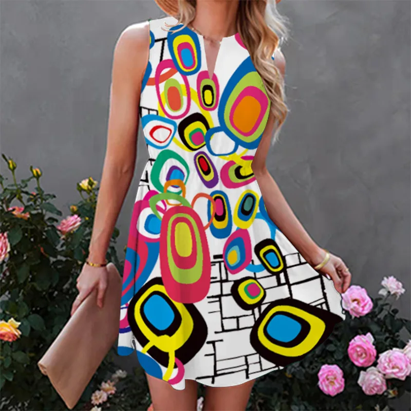 -Border European and American Women's Clothing 2022 Summer New Foreign TradeSleeveless Printed Dress Sh