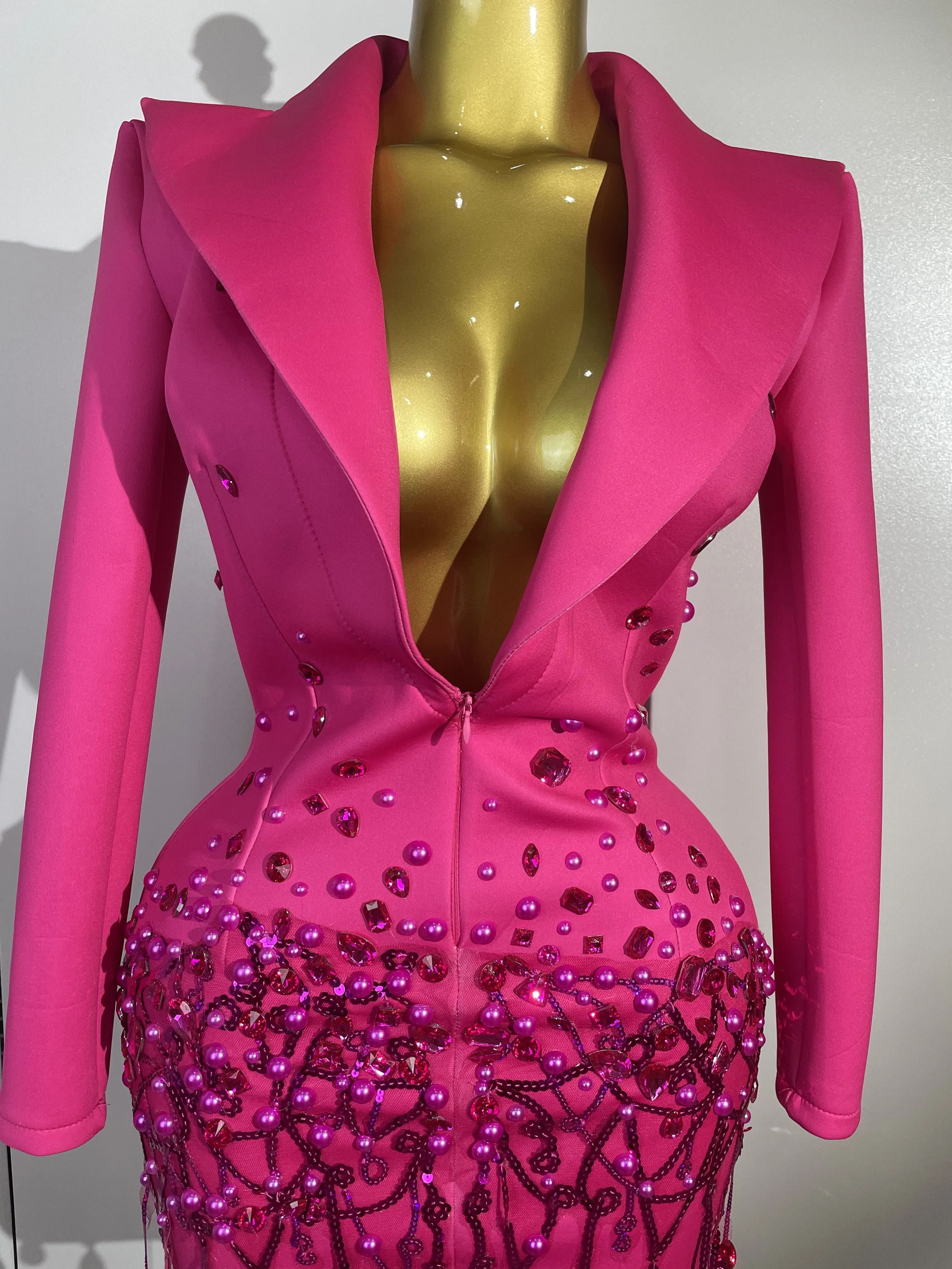 Sparkly Crystal Chains Pearls Long Sleeve Mini Dress 2025 Women Birthday Evening Party Nightclub Outfit Singer Wedding Costume