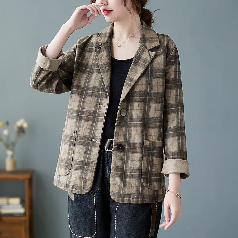 خريف جديد ريترو ستايل منقوشة كل مباراة البدلة سترة قصيرة للنساء، فضفاضة ومتعددة الاستخدامات، قمة الموضة التخسيس خمر #3