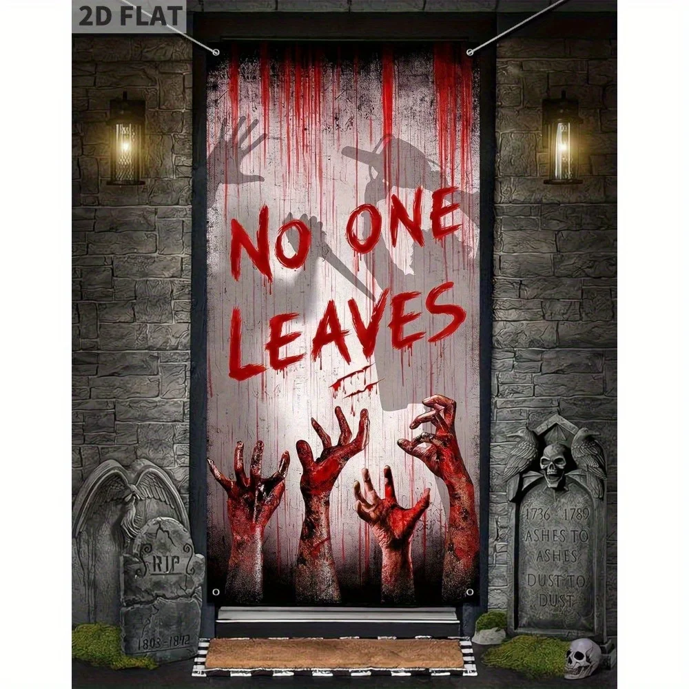 Scary Halloween Bloody Banner- Creepy Backdrop for Haunted House, Front Door, Doorway Scary Handprint and Shadowy Figure