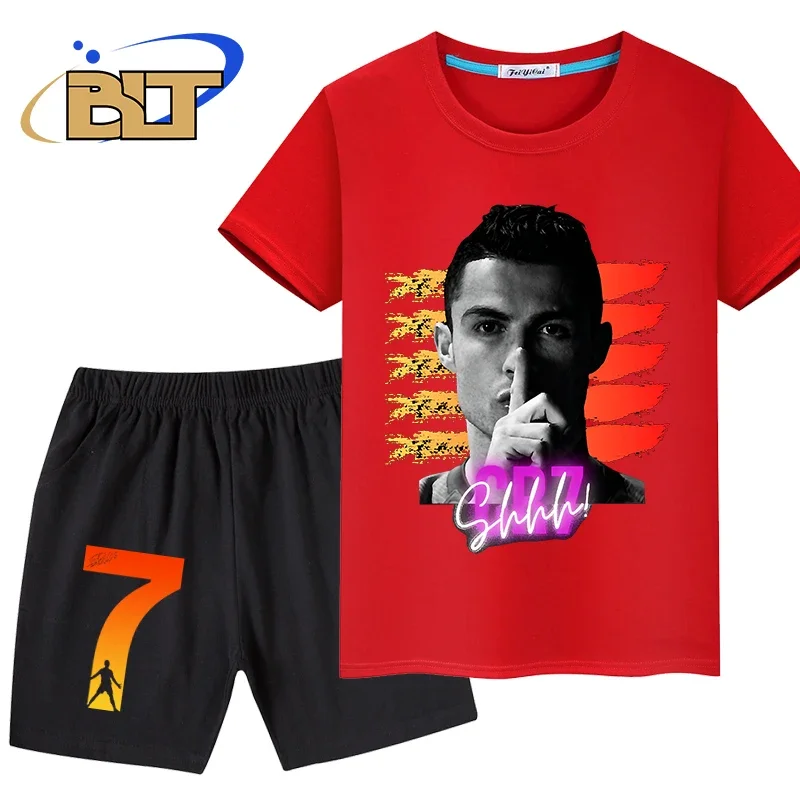 Ronaldo head print abbigliamento estivo per bambini t-shirt per bambini set pantaloncini a maniche corte in puro cotone set da 2 pezzi regali per