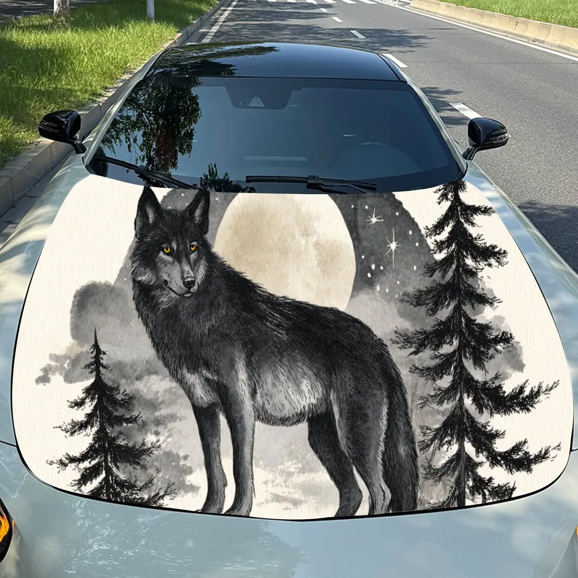 

Moon Wolf PVC Car Engine Hood Vinyl Wraps, Self-Adhesive Waterproof Car Hood Decal Sticker, Car Decoration Protection Stickers f