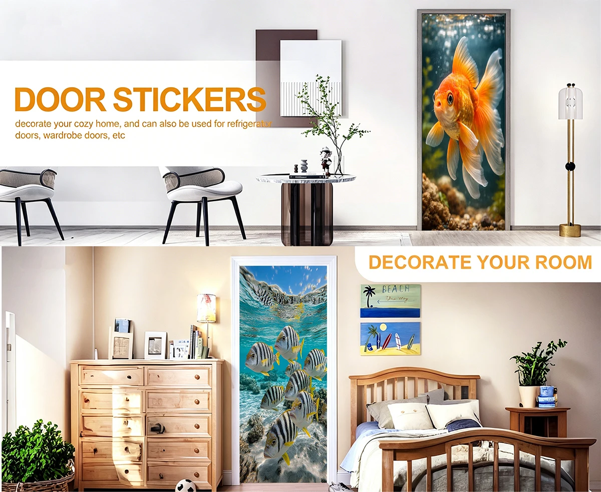 Underwater World Door Sticker Waterproof Self-adhesive Peel and Stick Door Mural Decal Home Art Modern Style 3D Wallpaper Poster