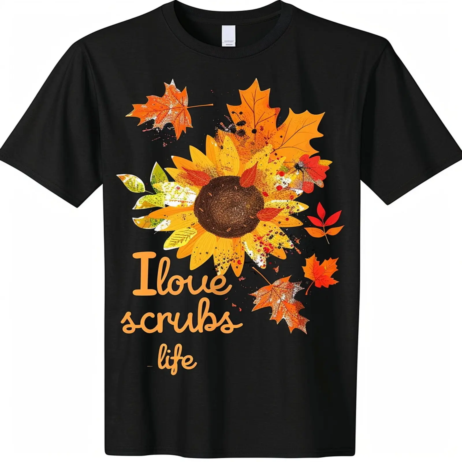 Autumn Sunflower & Leaves Print Tee Black Shirt with Graphic Design