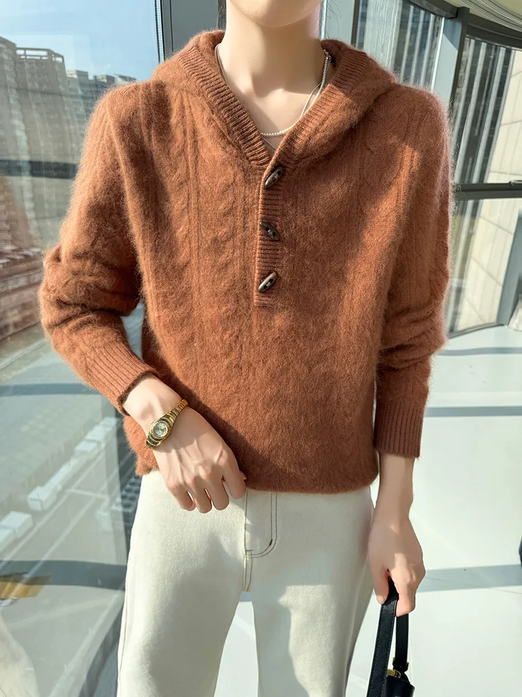 เสื้อฮู้ดไหมมิงค์แคชเมียร์แท้ 100% สำหรับผู้หญิง รุ่นใหม่ ติดกระดุมเขาสัตว์ สวมหัว ใส่ได้ทั้งฤดูใบไม้ร่วงและฤดูหนาว เนื้อนุ่ม อุ่นสบาย เสื้อไหมมิงค์แคชเมียร์ถักเนื้อหนา