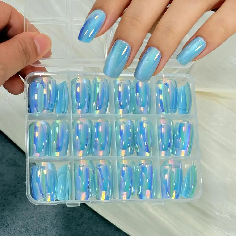 144Pcs Blue Aurora Chrome Press On Nails Iridescent Plating Medium Square Fake Nail for Women Daily Full Cover False Fingertips
