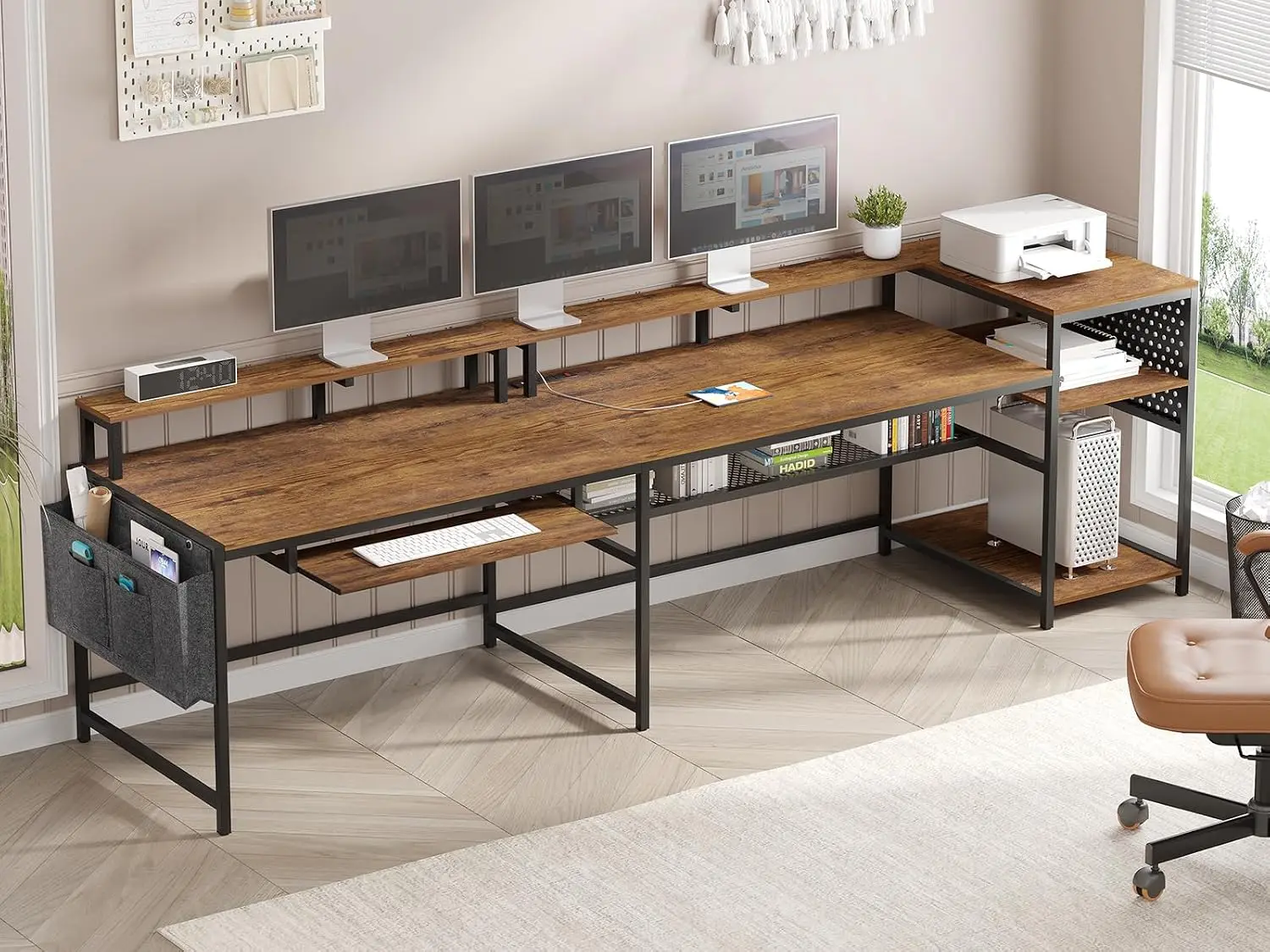 L Shaped Computer Desk, Reversible Computer Desks, L Shaped Desk with Power Outlets & LED Strip, Monitor Shelf,, Customized