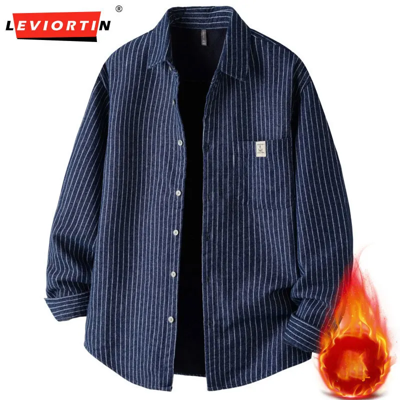 Japanese retro autumn and winter new men's fashionable versatile fleece thick warm loose casual striped long sleeved shirt