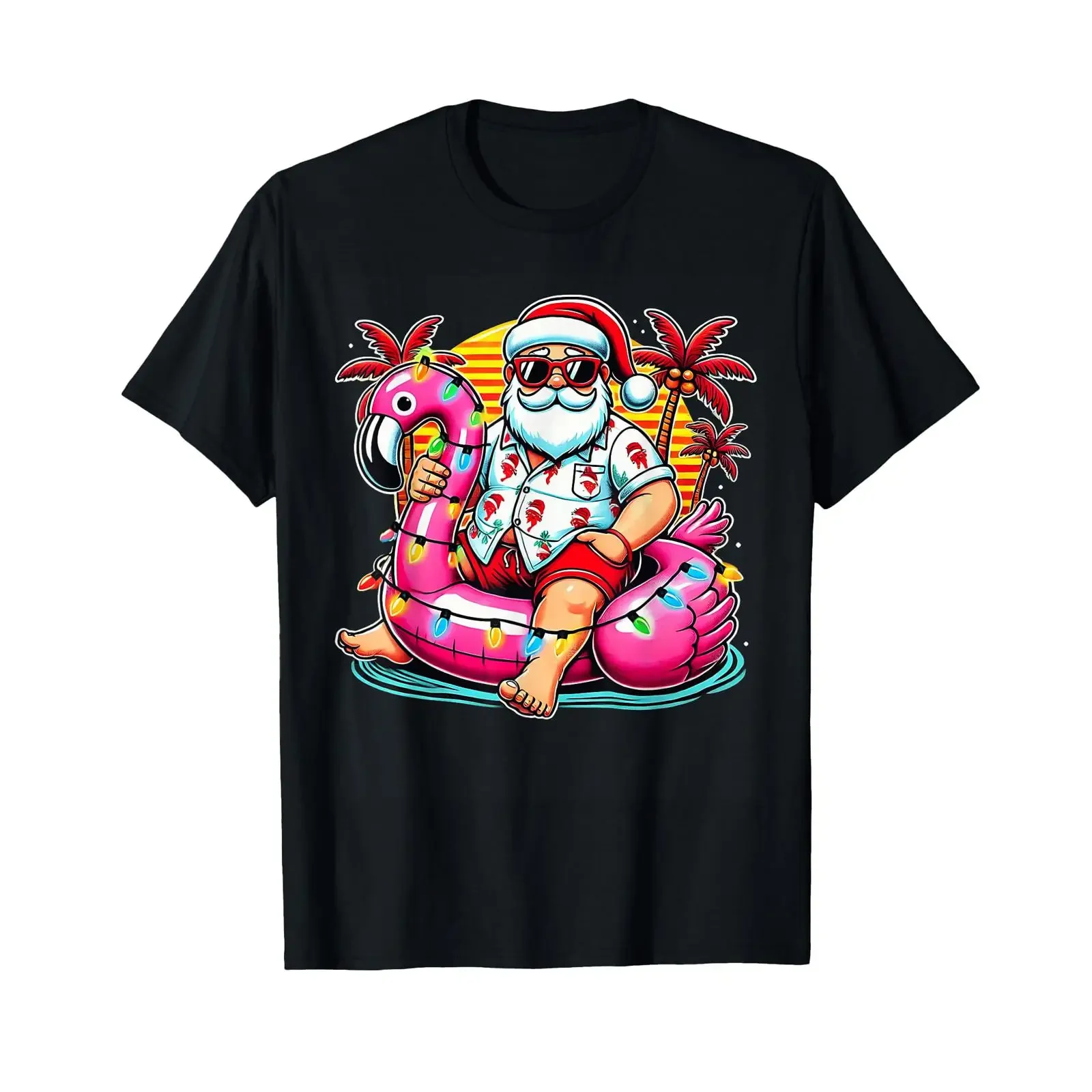 Christmas in July T Shirt Santa Flamingo Float Summer Xmas vintage Washed Stretched streetwear graphic fashion Versatile Unisex