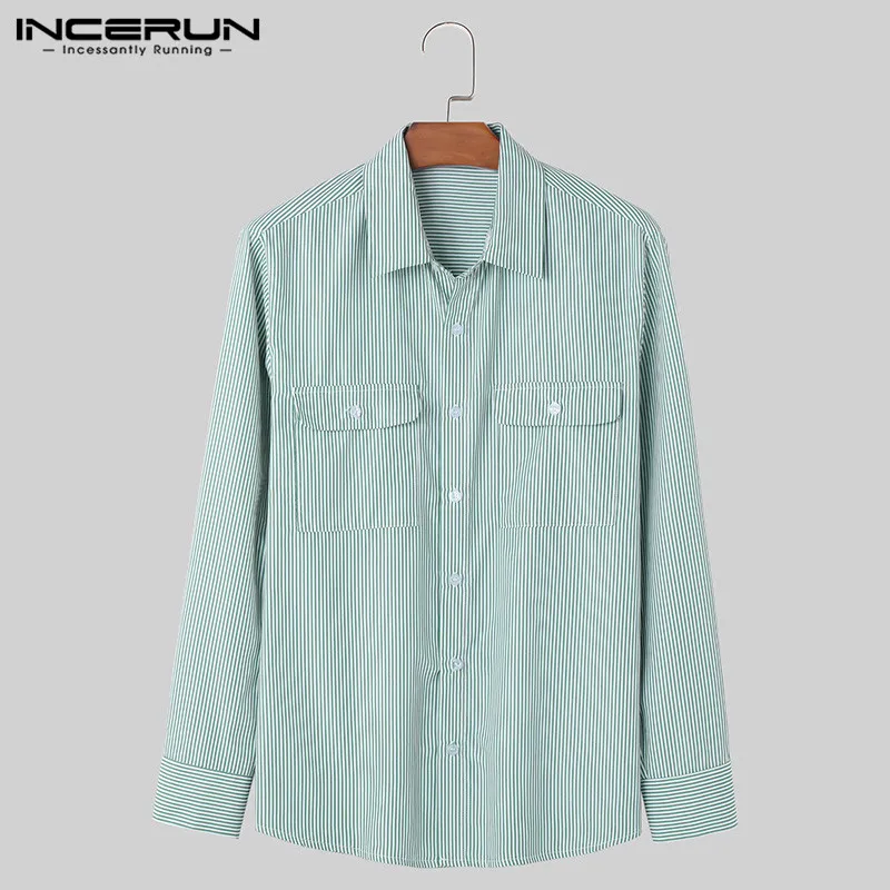 INCERUN Tops 2024 Korean Style Men\'s Double Pocket Design Striped Shirts Fashion All-match Solid Lapel Long Sleeved Blouse S-5XL