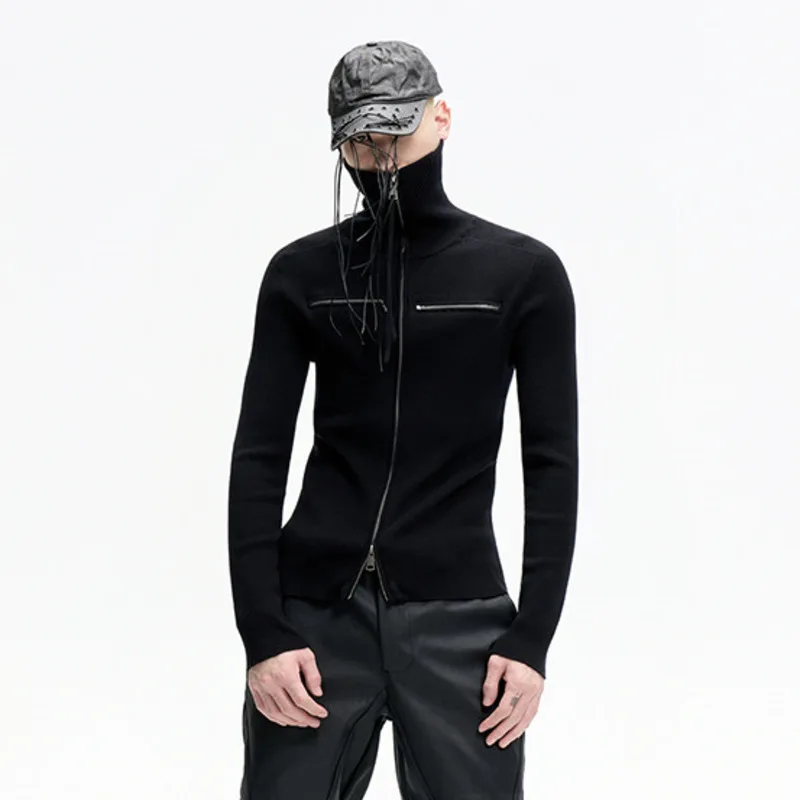 HKSH Spring Autumn New Men Tide Elastic Slim Double Zippers Knit Sweater Avant-Garde Stand Collar Cardigan Chic Ins Tops HK17134