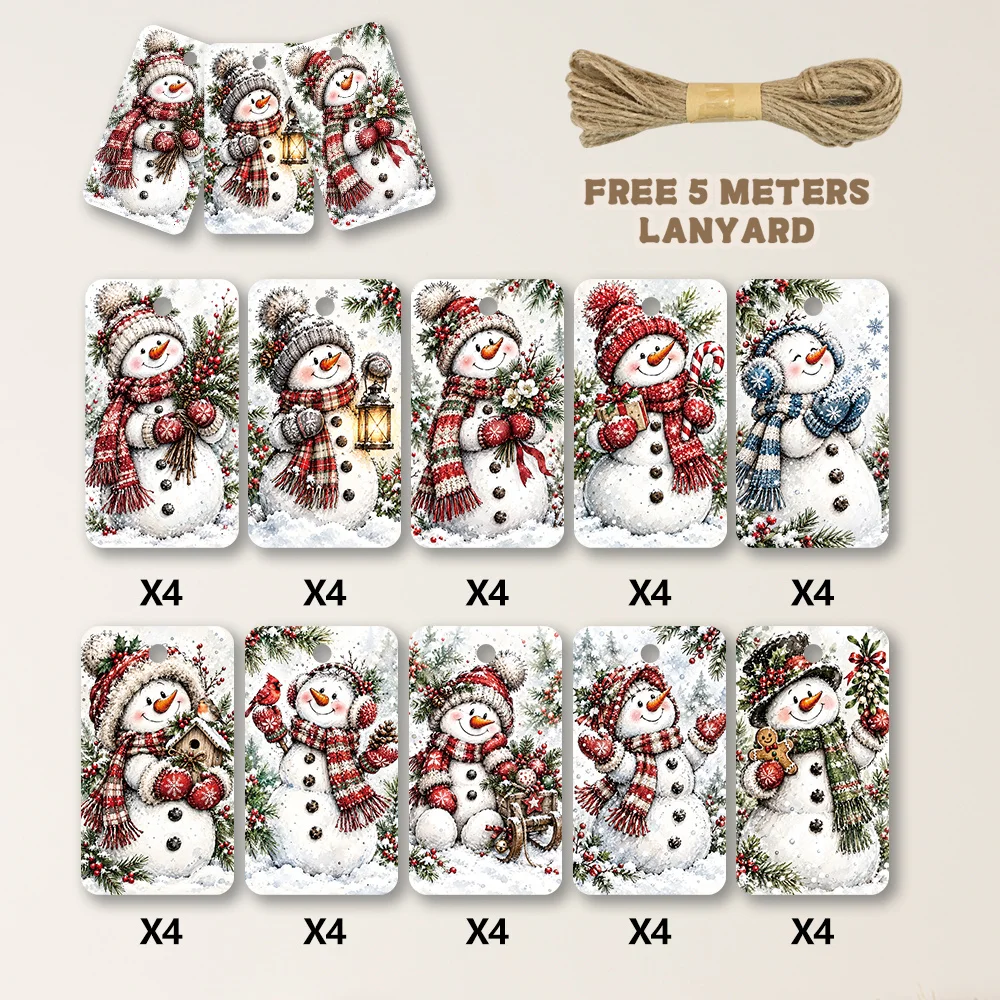 40pcs, Gift Tags, Vintage Crimson Scarf Snowman, Hanging Paper Labels for Gift Wrapping, Holiday Party Decor with String