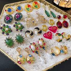 Colored Circular Button Earrings with Retro and Exquisite Medieval  Light Luxury and High-end Feel Versatile Ear Pendants