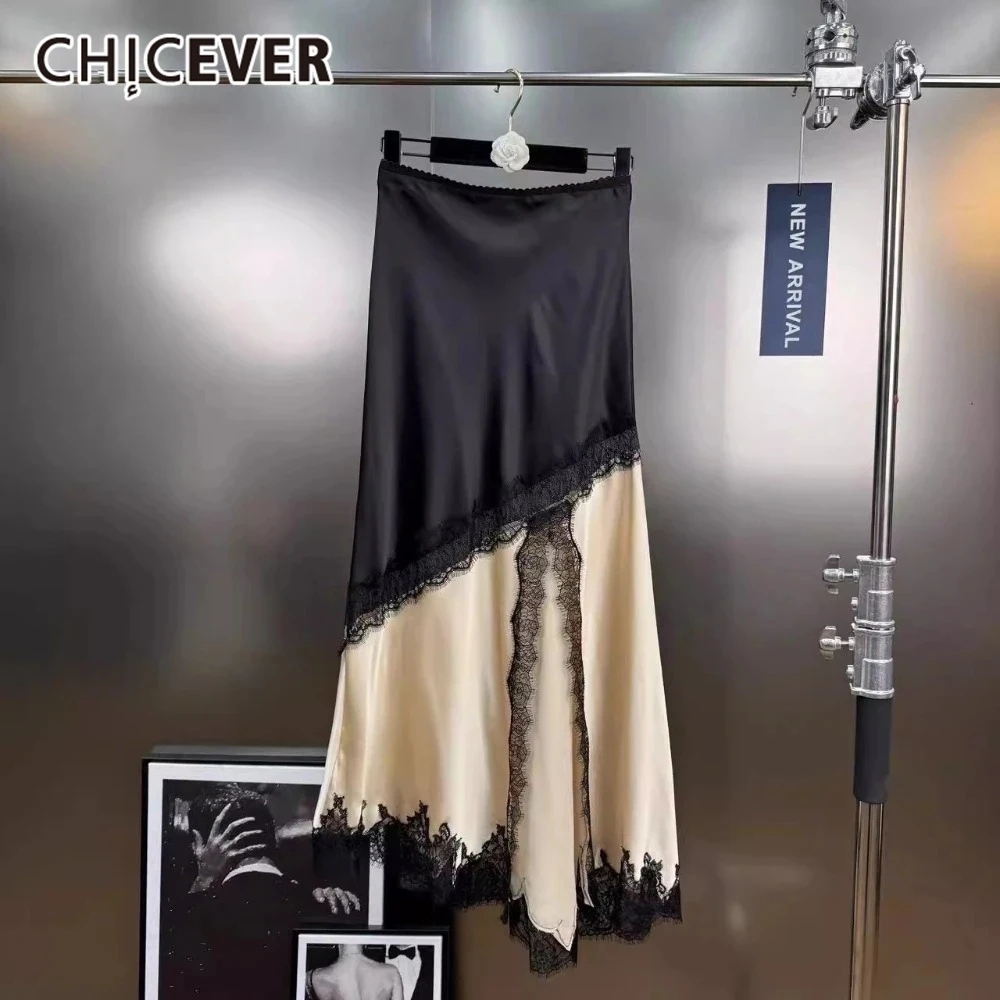 CHICEVER Hit Color Sexy Patchwork Lace Hollow Skirts For Women High Waist Split Temperament Asymmetrical Midi Skirt Female Style