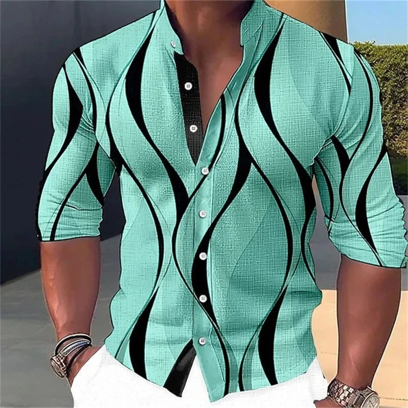 

New Autumn Fashion Stripe Print Retro Pattern Buttons Shirt For Men Clothing 2024 Casual Long Sleeve Oversized Lapel Shirt Tops