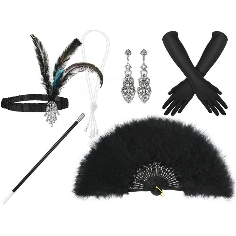 

Vintage Party Accessory Set- Feather Headband Cigarette Holder Earrings & Black Feather Fan Gatsby-Inspired Costume Jewelry Kit