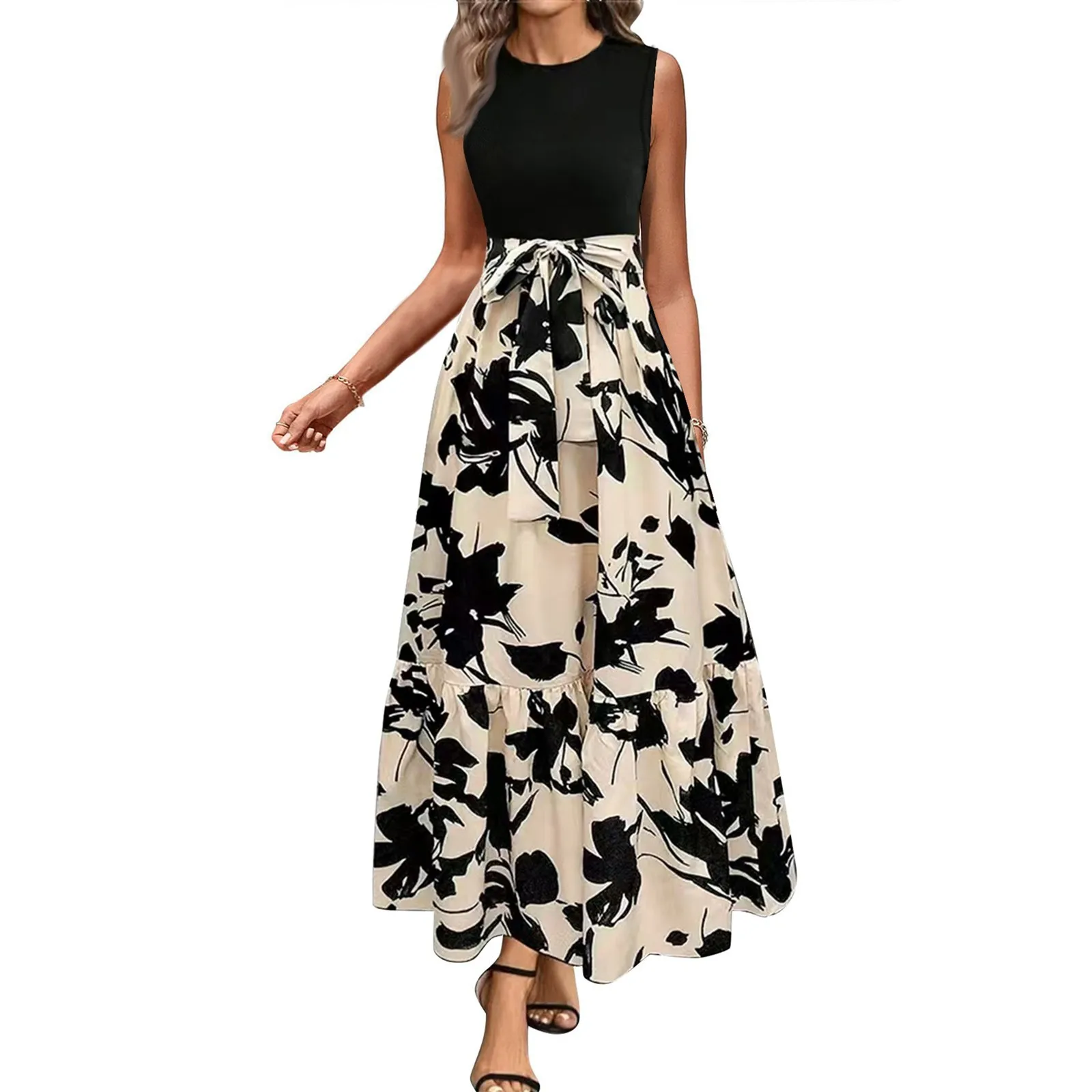 

2025 New Women's Dresses Floral Printed Summer Elegant Dress Feamle Sleeveless Dresses Fashion High Waist Clothes