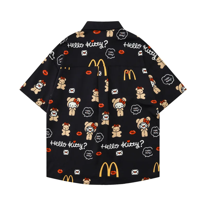 Hello Kitty Cute Bear Summer Women Black Cartoon Shirt Short Sleeve Colorful Shirts Female Top Turn Down Collar Fashion Blouse