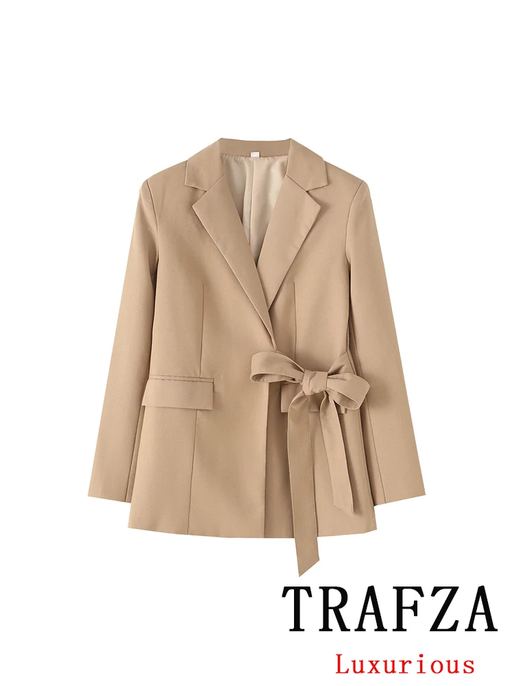 

TRAFZA Vintage Chic Casual Women Blazer Solid Lace-up V Neck Long Sleeve Pockets Blazer Fashion 2024 Autumn Office Lady Blazers