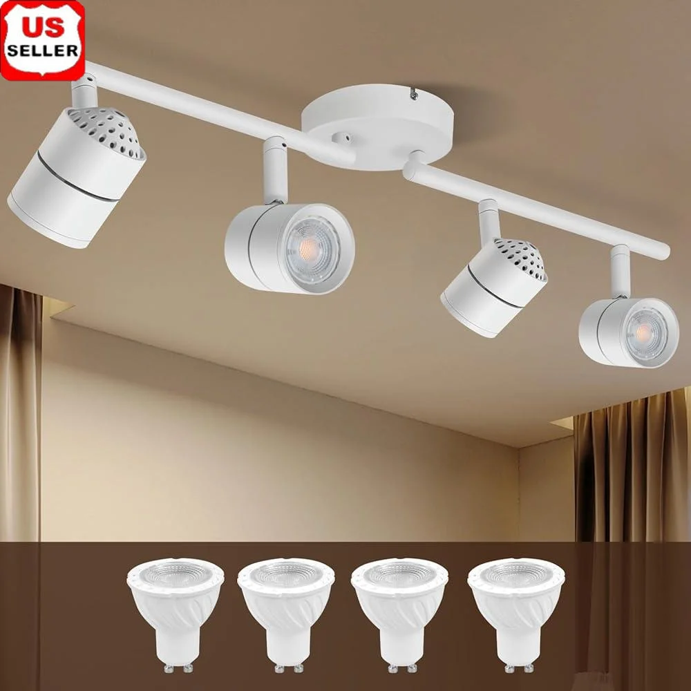 

Flexible Rotatable 4 Light Track Lighting Fixtures MR16 GU10 Ceiling LED Kit Adjustable Brightness Dimmable 350° Horizontal 90°