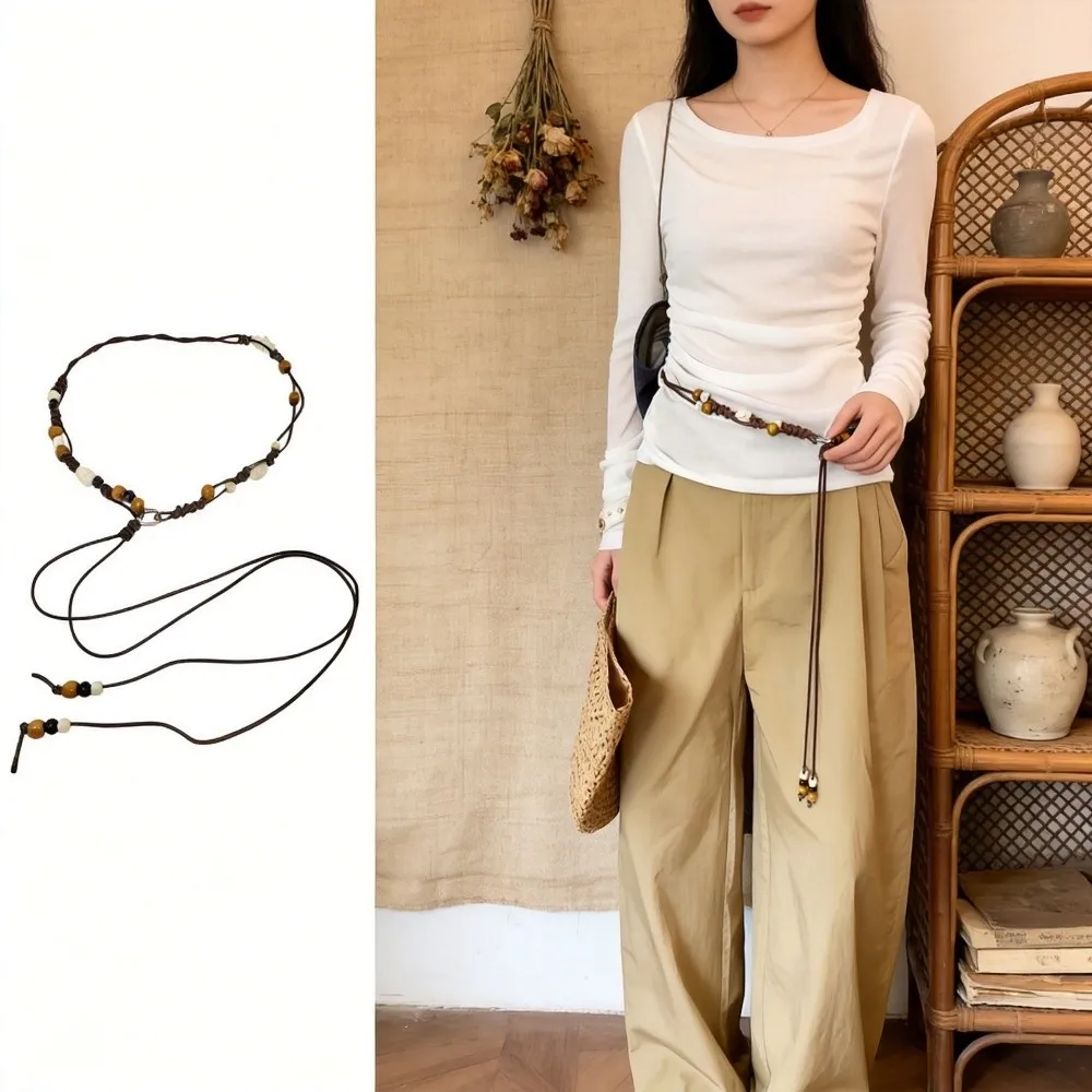 Boho Hand-Woven Waist Chain Adjustable Wooden Bead Decorative Waist Belt High-End Slenderizing Waist Rope for Dress and Jeans