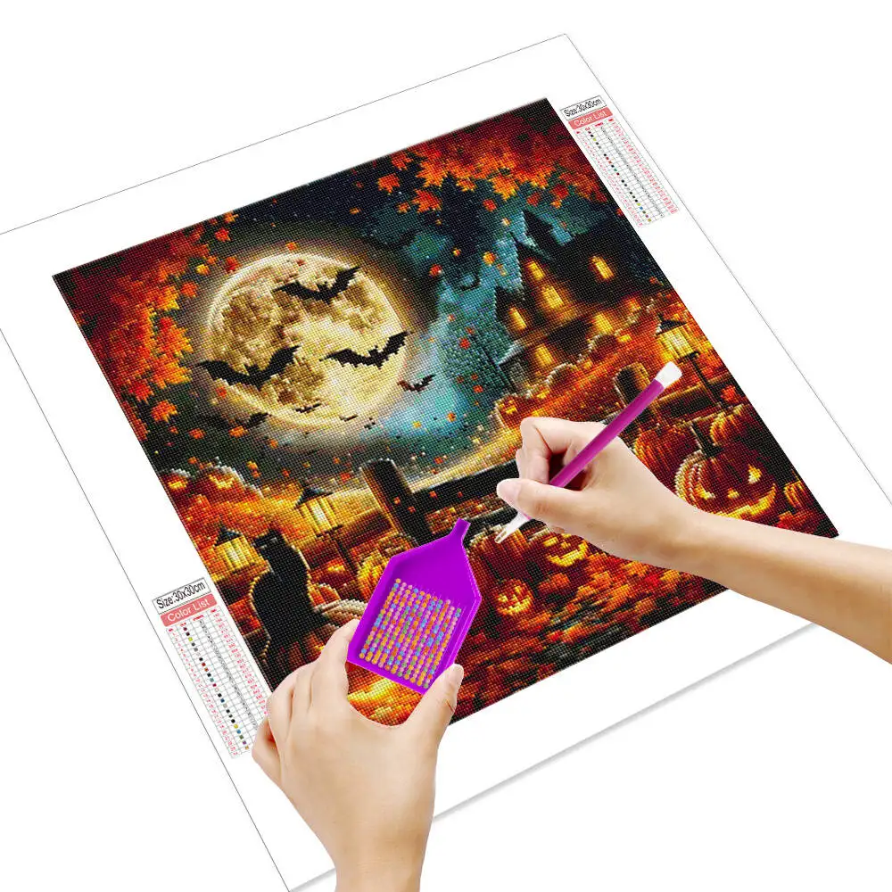 Huacan Halloween Party Diamond Painting New Arrivals 2025 Pumpkin Black Cat Diamond Mosaic Moon Set Craft Kit