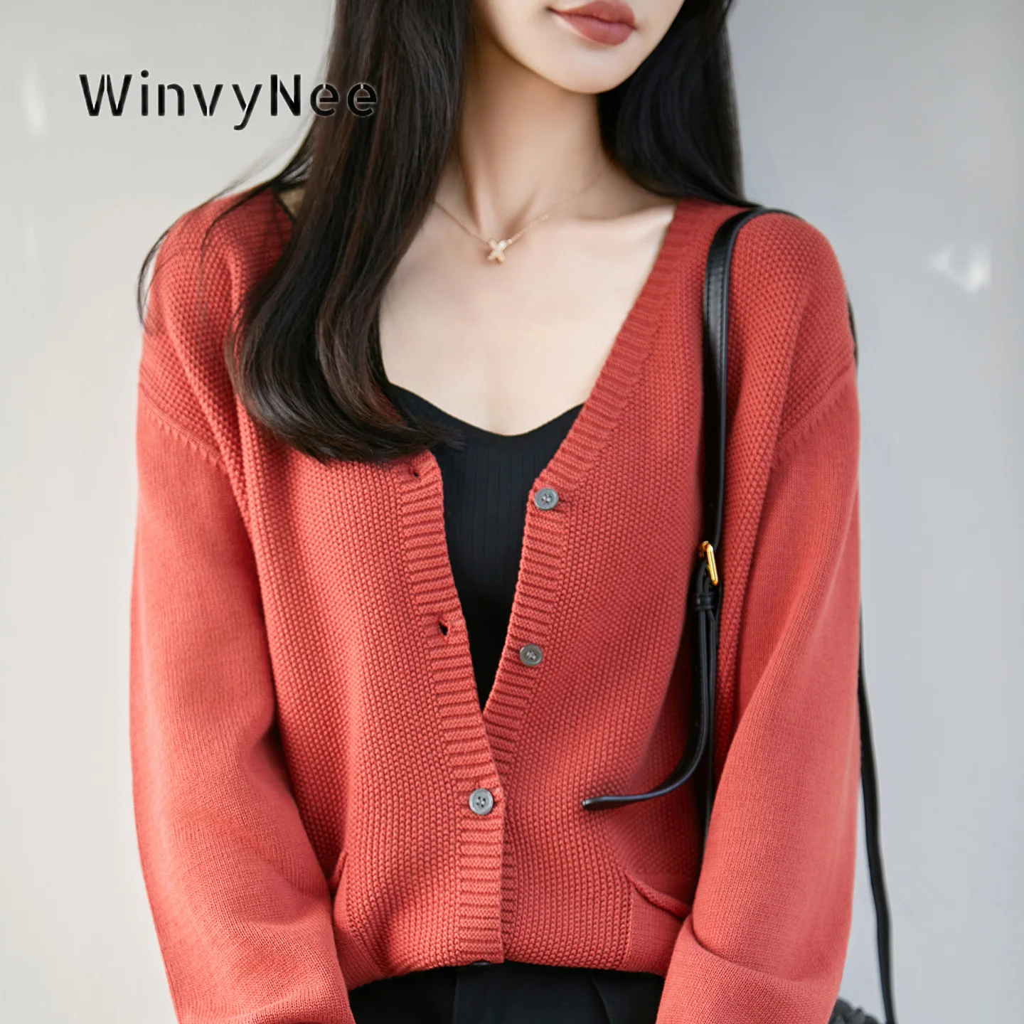 WinvyNee Women V Neck Knit Cardigan Top Soft 100% Cotton Patch Pocket Loose Chic Spring Autumn Casual Knitwear Apparel ZB1092012