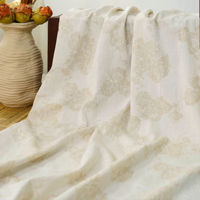 

1meter Beige Plum Blossom Embroidery Yarn Dyed Fashion Fabric Soft Lightweight Vintage Trendy Dress DIY Material Spring Summer