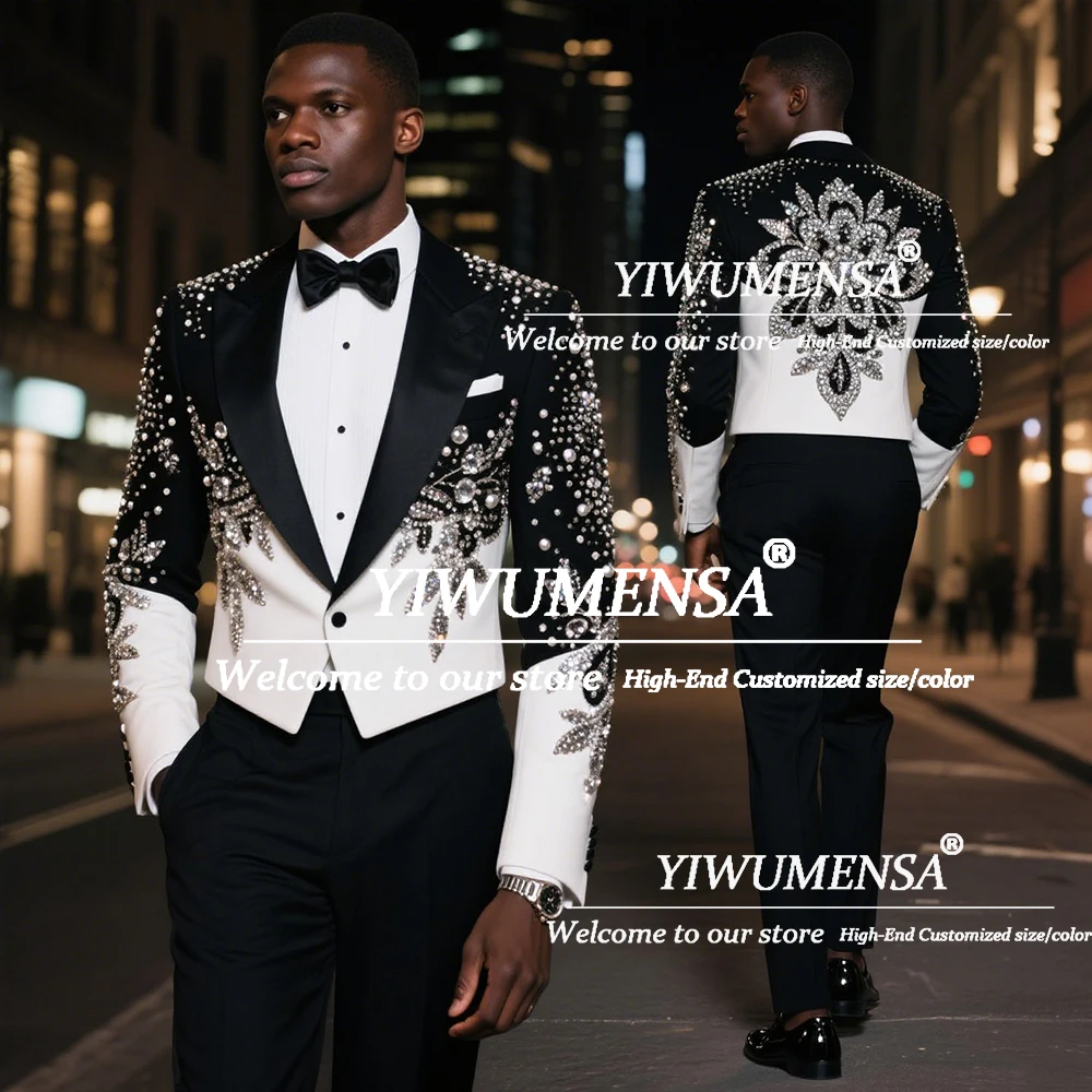 

Male Fashion Beaded Crystals Suits Men 2 Pieces Sets Latest Design Costume Homme Groom Party Blazers Customized Wedding Tuxedos