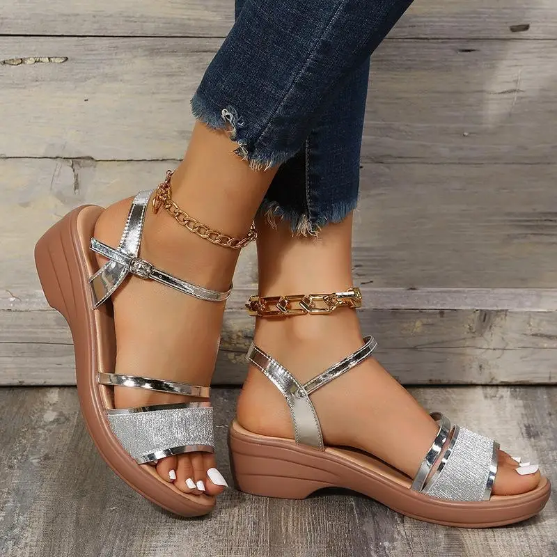 

Gold Silver Platform Sandals Women 2025 Summer Thick Heeled Wedges Sandals Woman Plus Size 43 Ankle Strap Gladiator Sandalias