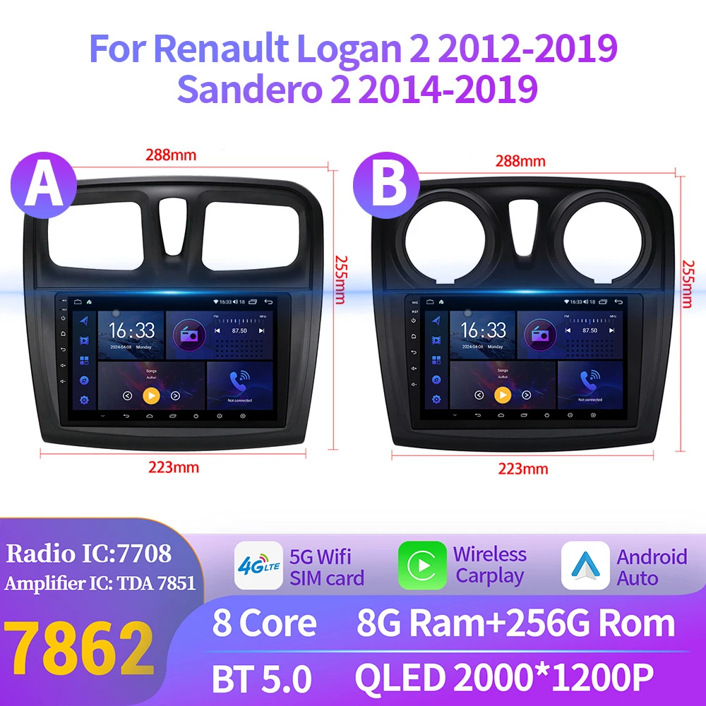

For Renault Logan 2 2012-2019 Sandero 2 2014-2019 Android 14 Car Radio Multimedia Wireless Carplay Stereo System 2K QLED Screen