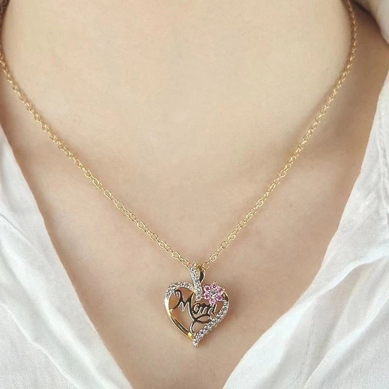 Huitan Mother\'s Day Necklace for Mom Luxury Trendy Craved Pendant Necklace Pink Flower Aesthetic Neck Accessories Love Jewelry