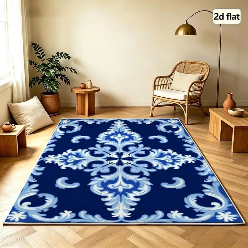 Carpet Flooring Deep Blue White Scroll Floral Square Area Rug Mediterranean Vintage Ornament Floor Mat Decor