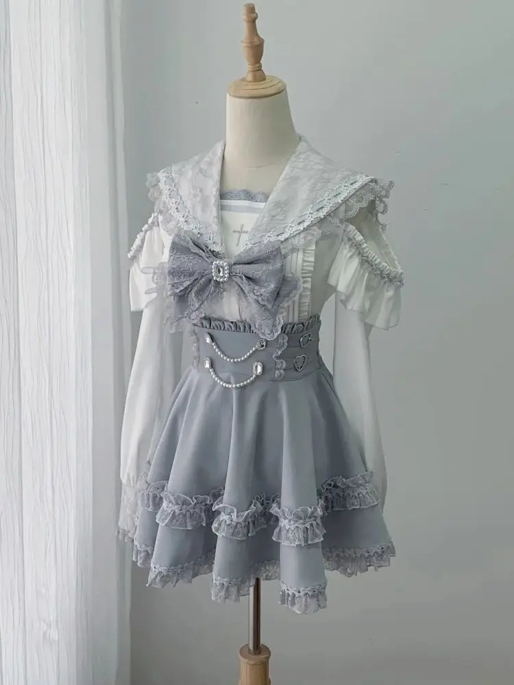 Japanese Sweet Gothic Lolita 2 Piece Skirt Set Women Sailor Collar Lace Bow Decor High Waist Ruffle Hem Casual Party Outfit 2026