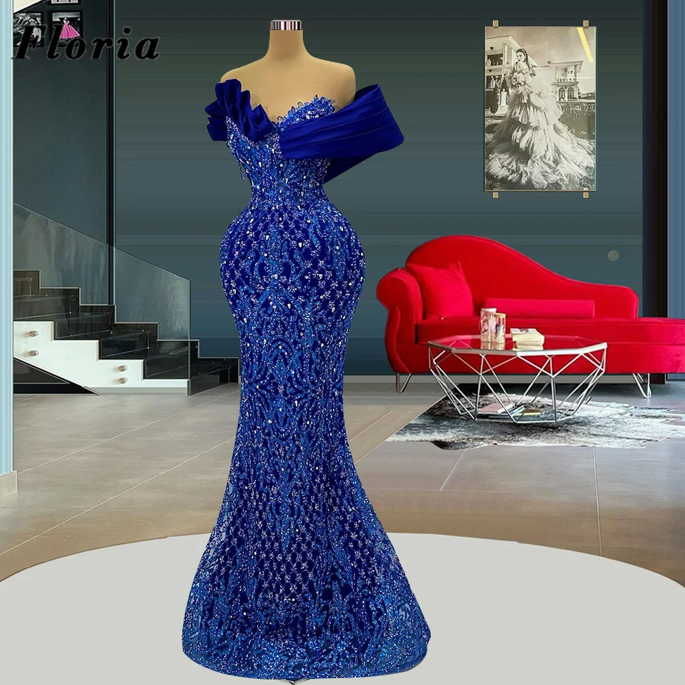 Elegant Royal Blue Celebrity Dresses Off Shoulder Prom Gowns Robe Du Soir 2025 Arabic Dubai Beaded Mermaid Women Evening Dress