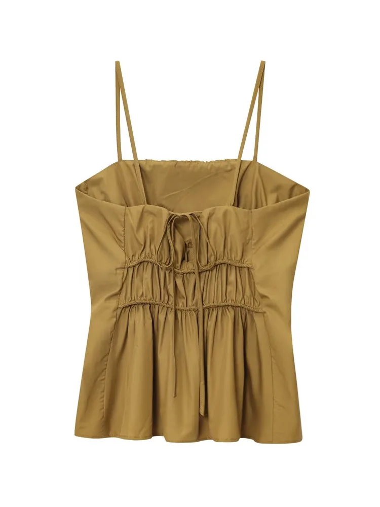 Ele ort Damska Bluzka Jednolita Kolorystyka Wyszczuplająca Talia Plisowana Kamizelka na Ramiączkach Jesień Nowość 2025 dla Młodych Dziewcząt