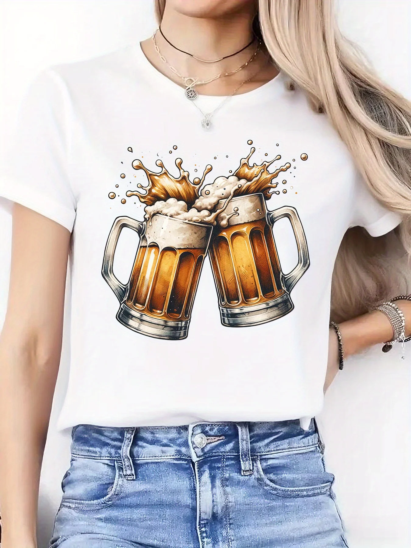 Women Crew Neck Tee Beer Mugs Cheers Graphic Print Short Sleeve Loose Ladies Summer Soft Cotton Plus Size Casual Street Top