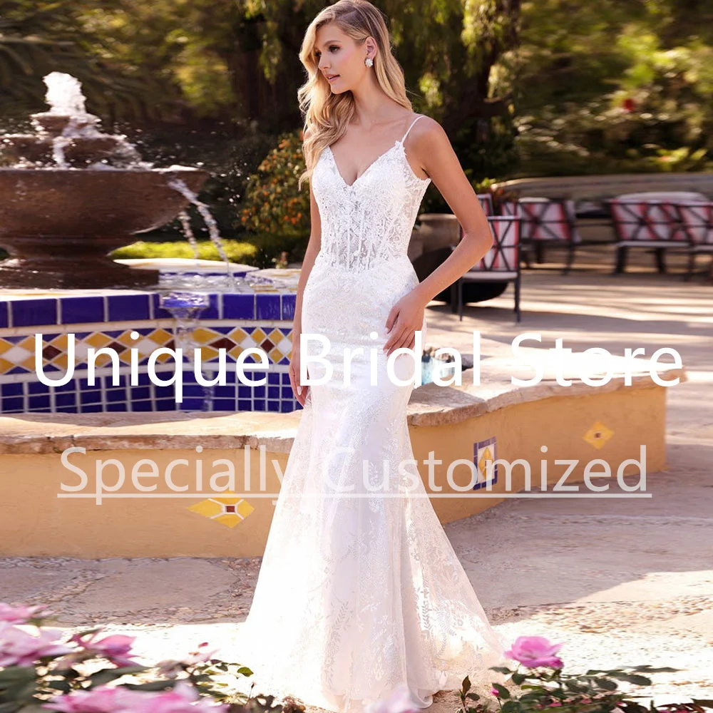 Customized CustomizedWedding Dress For Women Bride Lace Spaghetti Strap V-Neck Backless Zipper Sleeveless Applique Draped Sweep