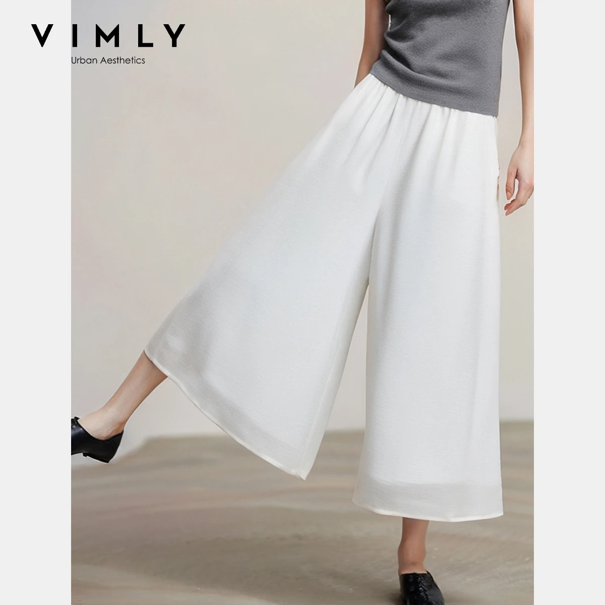 VIMLY White Nine Point Trousers Women's 2025 Summer Casual Straight Wide Leg Elegant Pants Front Pockets Woman Clothing A2190