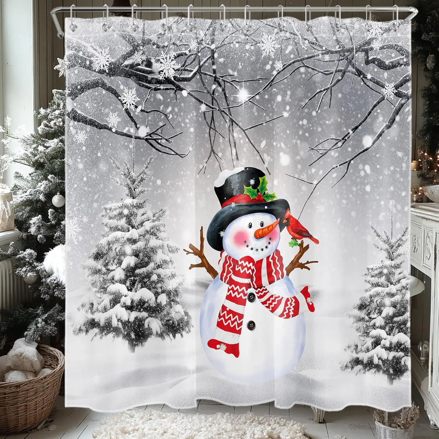 

Рождественская занавеска для душа для декора ванной комнаты, Зимний снеговик в снежном лесу, занавески для душа, сосны, покрытые снегом, полиэстер