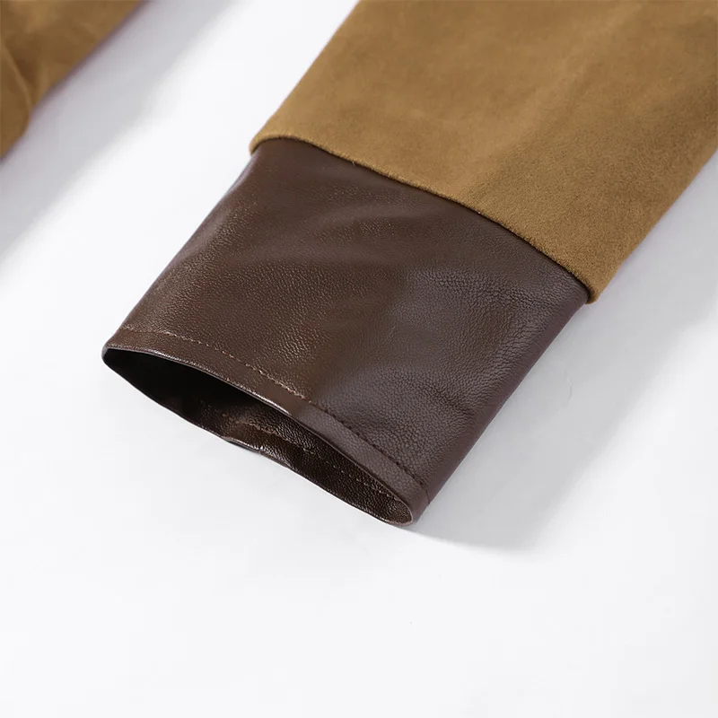 Kunstleder-Patchwork-Wildleder-Taillenbetonte Lange Mäntel für Damen, Street-Style, Reverskragen, Vollarm, Paneelierte Schlanke Jacken, Schicke Damen-Oberbekleidung – Detail 9