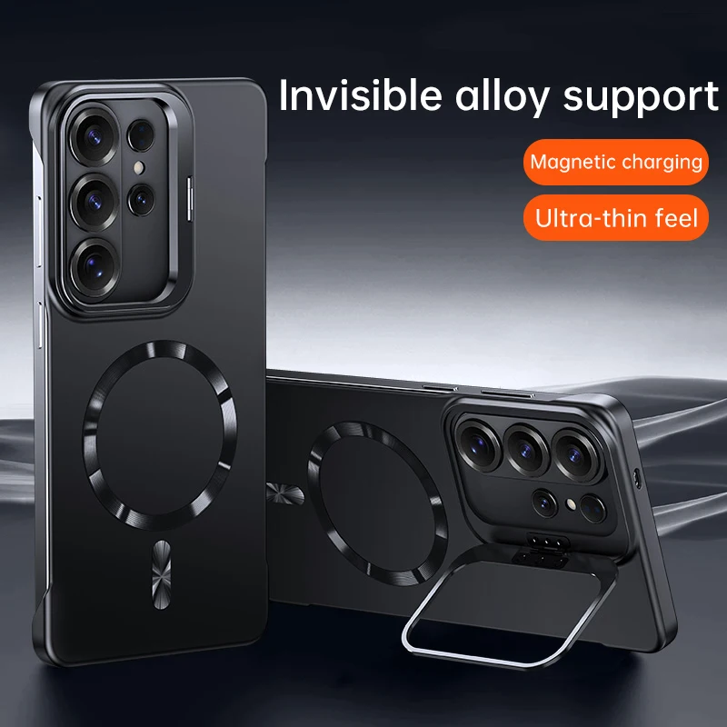 Rahmenloser Objektivschutz mit Klappständer für MagSafe Magnetische Handyhülle für Samsung S26 S25 S24 FE Ultra Plus Matte Armor Bumper Cover