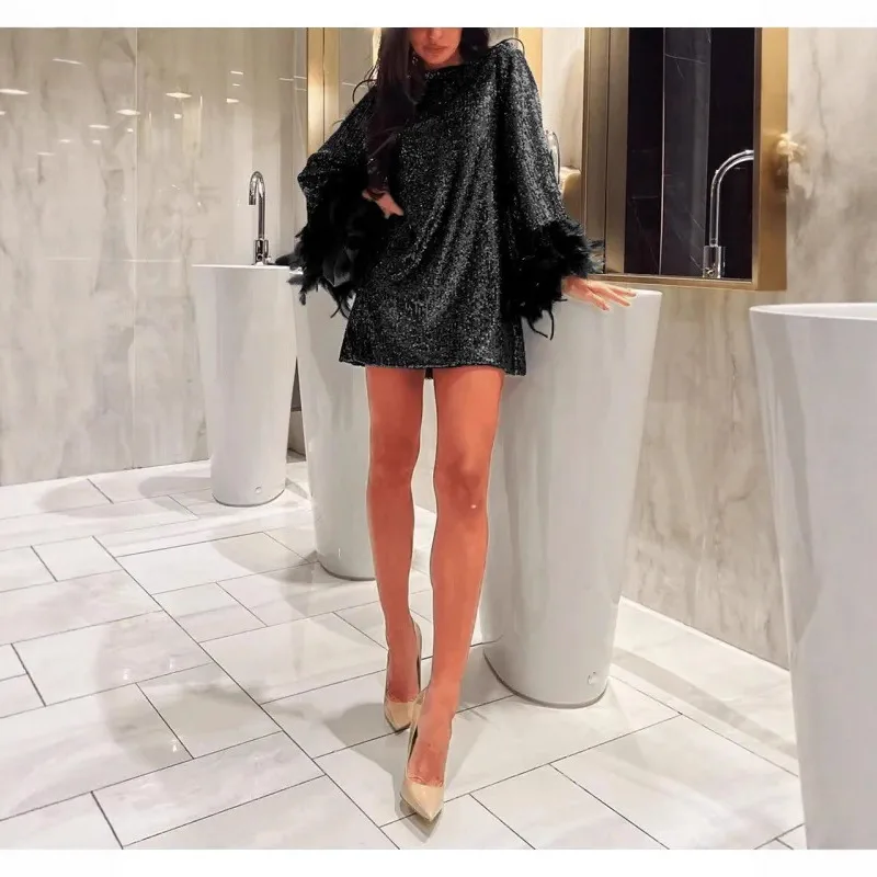 2025 nuevo vestido de falda corta elegante con cuello en V y cuentas de 3 colores de manga larga Sexy para mujer