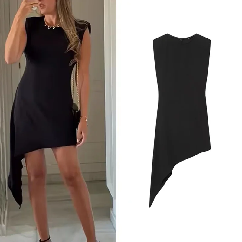 PRINTKAOIR Damen ärmelloses, asymmetrisches, schwarzes, kurzes Kleid mit Rundhalsausschnitt, elegantes, minimalistisches, ärmelloses Partykleid mit unregelmäßigem Saum
