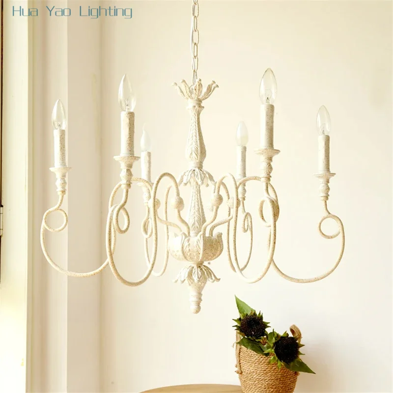 Nordic beige candlestick chandeliers lights bedroom living room vintage gold French country lamps house decor hanging fixturese