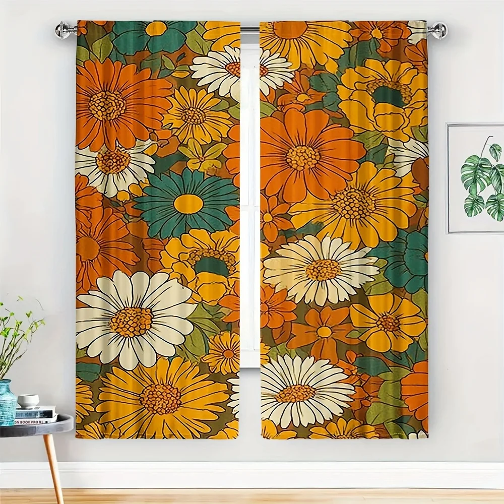 Groovy 70s Daisy Flower Curtains Set of 2 Rod Pocket Semi Sheer for Living Room Bedroom Decor