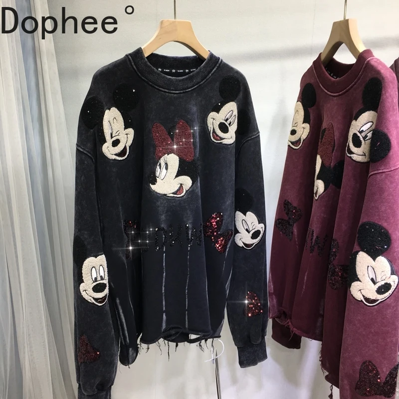 

Trendy Flocking Mickey Embroidery Round Neck Pullover Top Oversize Long Sleeve Sweatshirt Autumn Winter Women Cotton Hoodies
