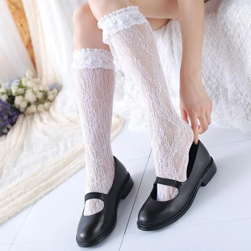 

Lolita Frilly Lace Long stockings Women Transparent High Knee Socks Leg White Thin Stocking Female Dress Calcetines mujer