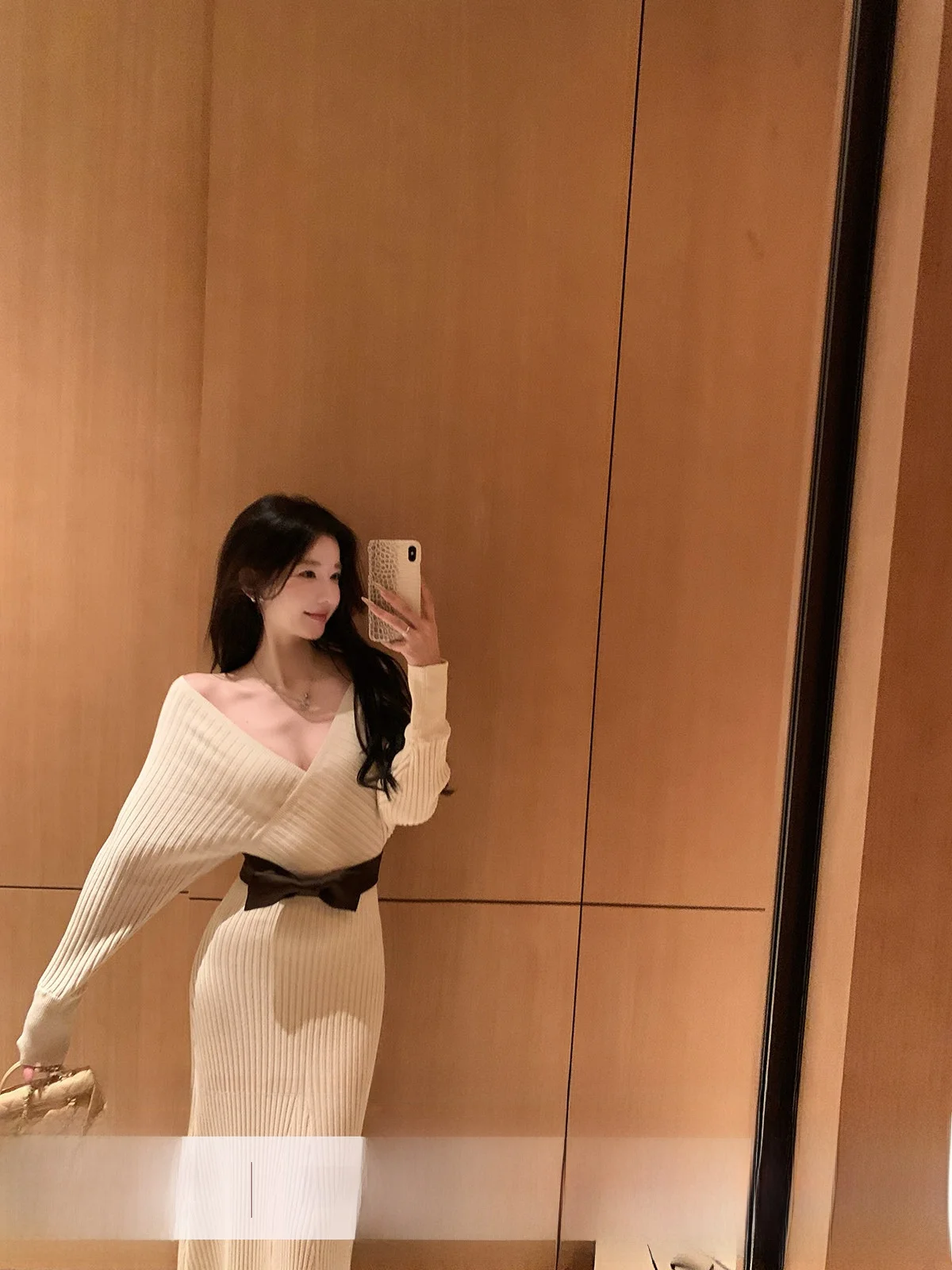 

Yoyozhang Pearl White Long Sve V-ne Dr Women's Winter Casual Slimming Long Dr Knitted Nylon Fabric Regular Sve
